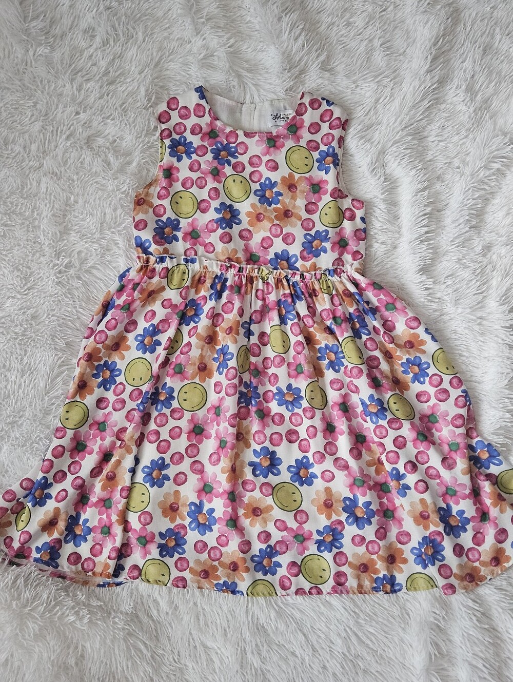 Lola & The Boys Smiley Floral Cotton Dress for Kids - Pink Multi Size 12